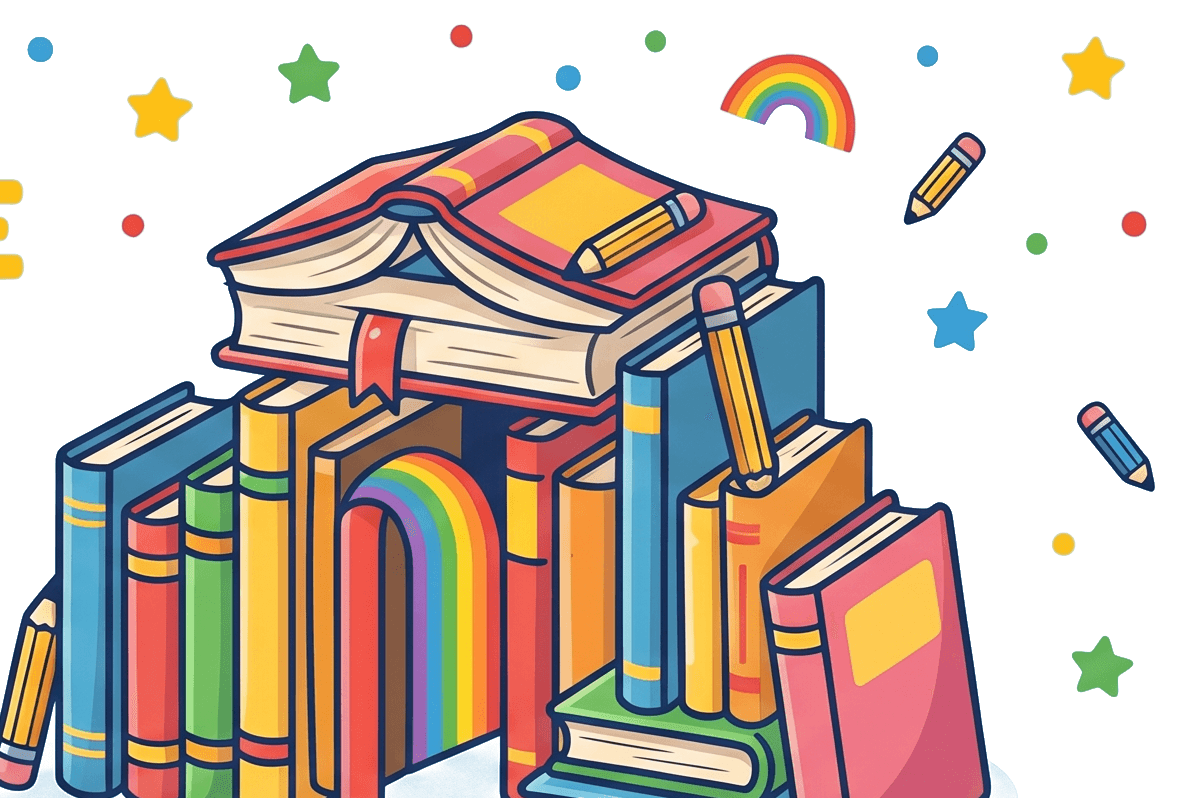 Colourful books hut illustration